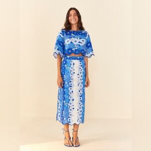 FARM RIO Blue Flower Stripes Midi Skirt & Crop Top
